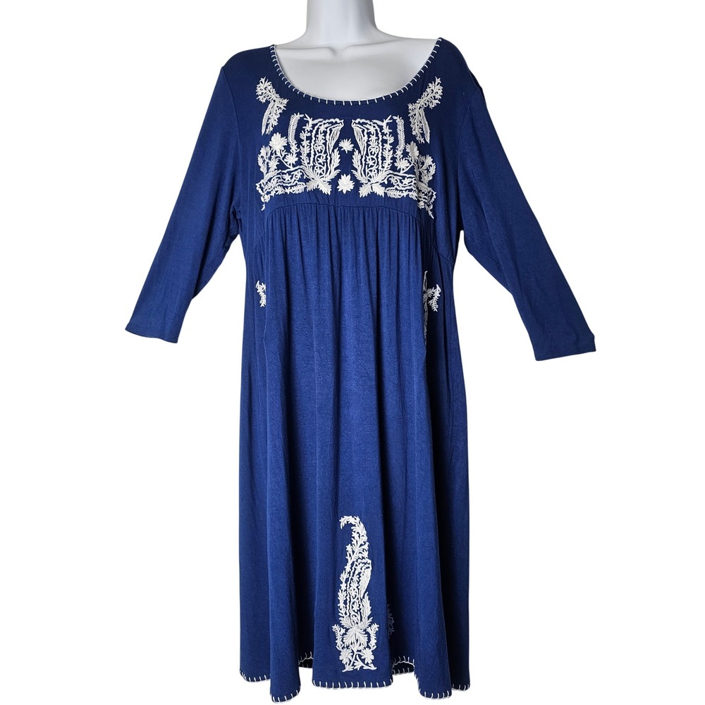 Chelsea Theodore Embroidered Blue Dress XL 3/4 Sleeve Empire‎ Waist Boho Flowy